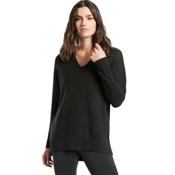 Athleta Women L Hanover V-Neck Merino Wool Blend Sweater Black Washable Slouchy - Picture 3 of 16